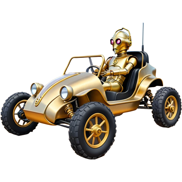  tarnished neon underglow C-3PO ghost buster 1964 delicately ornate rosegold wood accents painted Model-T dune buggy buckboard powered by electric motors and batteries with racing safety belts while flying rapidly roughening terrain stable on strong agile advanced suspension and steering emoji