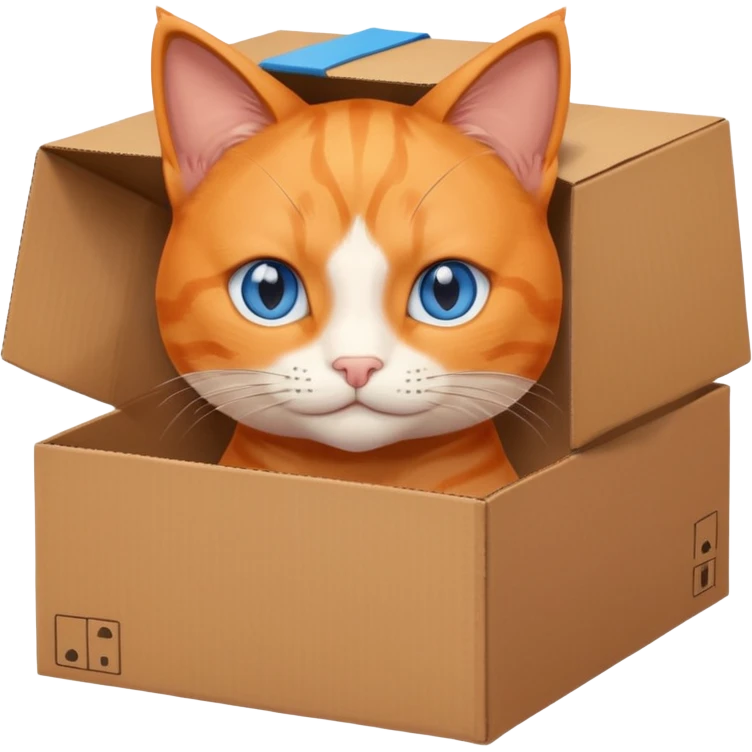 anime character cat that is orange cat, that its body is inside of a simple brown box. cats eyes are blue , but head is showing up emoji