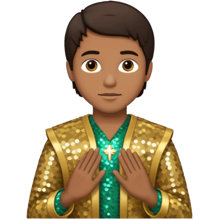 Joshua from The Bible with dark brown hair, gold sequin outfit emoji