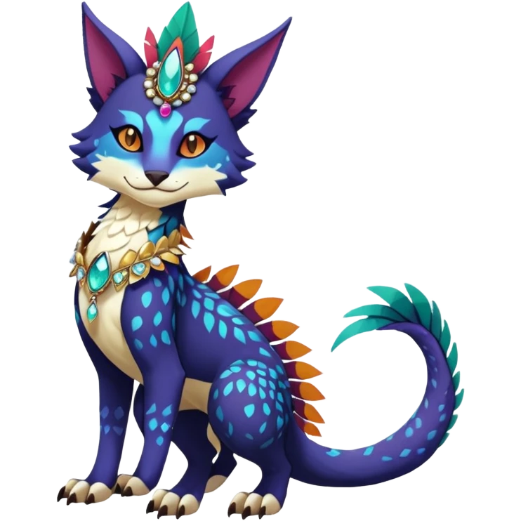 Kawaii cute dark deep colorful warm-colored exotic tropical beautiful pretty elegant divine edgy feline-vernid-sergal-Fakémon-Pokémon-fursona-animal-creature with accessories, jewelries, full body, with intricate detailed markings, feathers, crystals, fins, scales, headdress emoji
