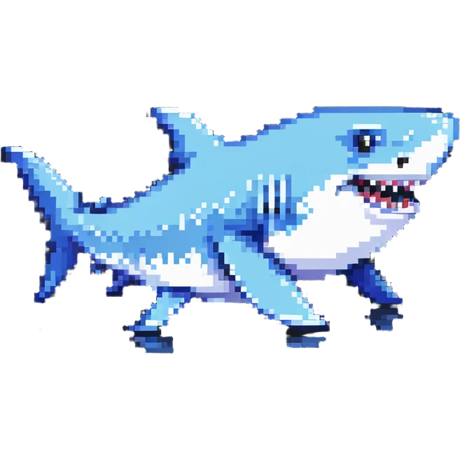 shark with sneakers on fins, fun and quirky pixel art emoji