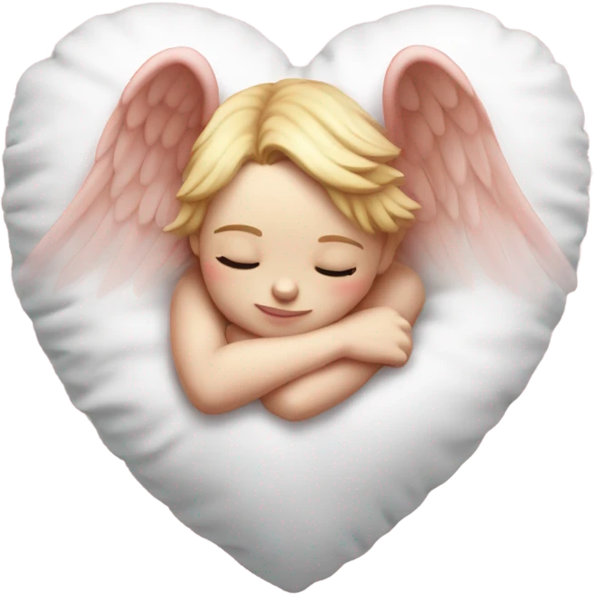 Realistic Photo of pale cupid asleep on a big cushioned heart emoji