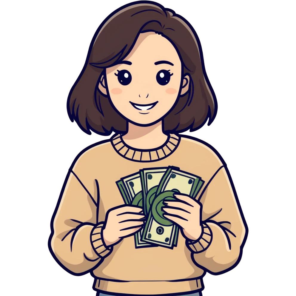brunette girl in beige sweater happy with money in hands emoji