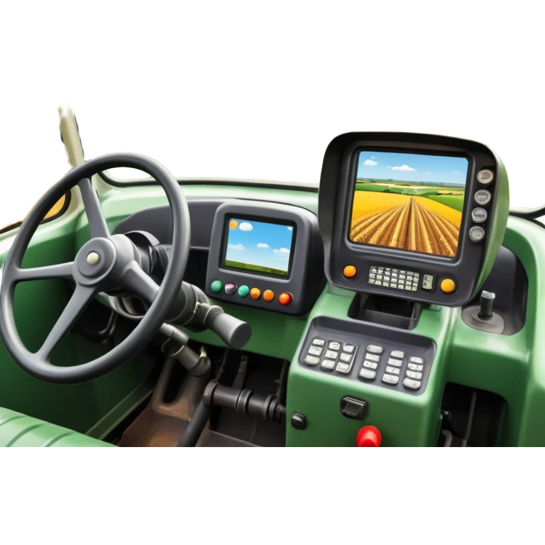 a view from the tractor cabin, with the dashboard in focus, overlooking a vibrant rural landscape. Inspired by Farming Simulator 22, the scene includes fields, crops, and distant barns under a bright sky. The design highlights the immersive experience of farm management. transparent background emoji