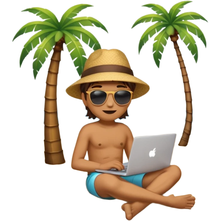 A gender-neutral emoji-style character (🧑‍💻) sitting with a laptop on the beach, next to a palm tree, with sun and ocean in the background. emoji