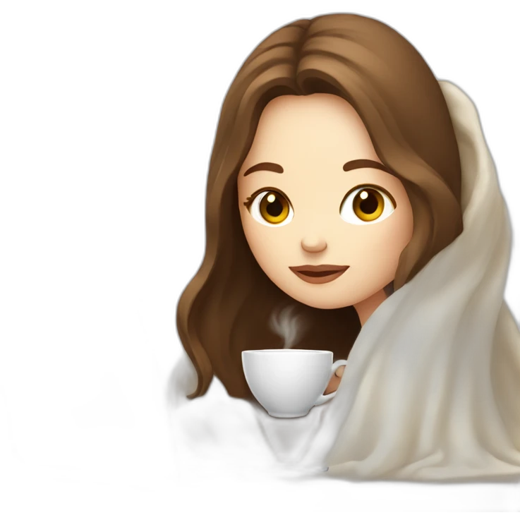 girl with pale skin and brown long hair inside a white blanket sipping coffee eyes closed behind a laptop emoji