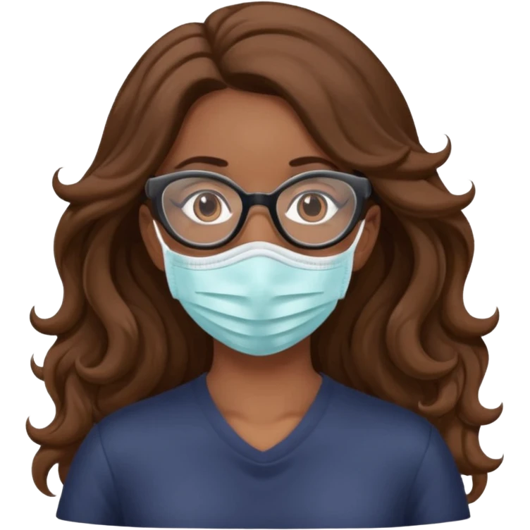 Long Wavy Brown haired woman with glasses wearing Covid  mask emoji