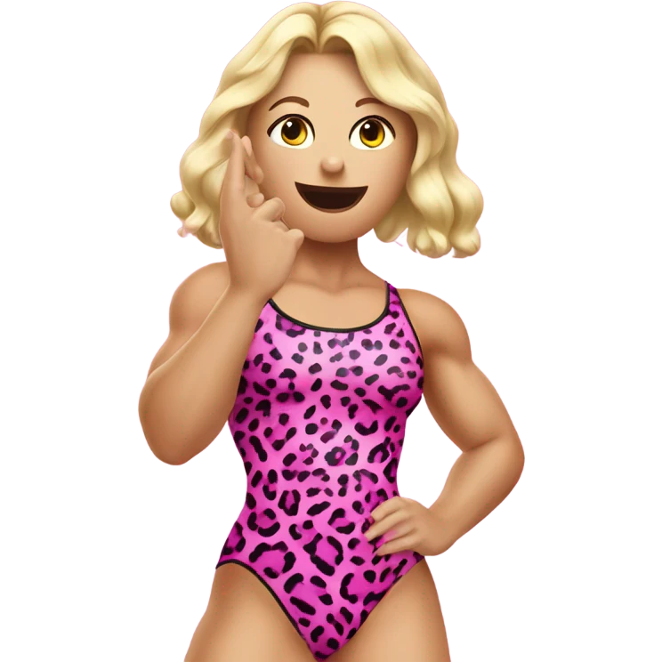 Tall blonde Caucasian muscular woman wrestler with pink big lips wearing a pink leopard print leotard blowing a kiss emoji