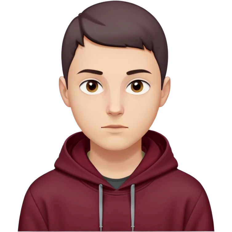 young white European male with short buzzcut dark hair, smooth clear skin, wearing a maroon hoodie with the hood up, oval-shaped face, defined jawline, high cheekbones, symmetrical features, sharp focused eyes, straight prominent eyebrows, calm neutral expression emoji