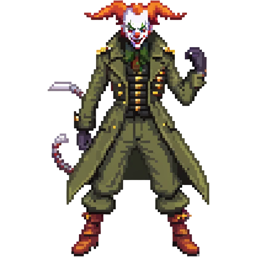 evil clown soldier, bald, small black horns on forehead, fangs, pointed ears, eye patch over one eye, long coat over black and military green clothes with bellbottom pants, tail, realistically proportioned, less bulky, full body, fighting stance emoji