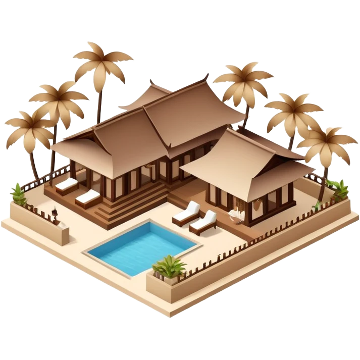 Isometric exterior brown and beige luxury Balinese beach resort restaurant, dollhouse style 3D realistic  emoji