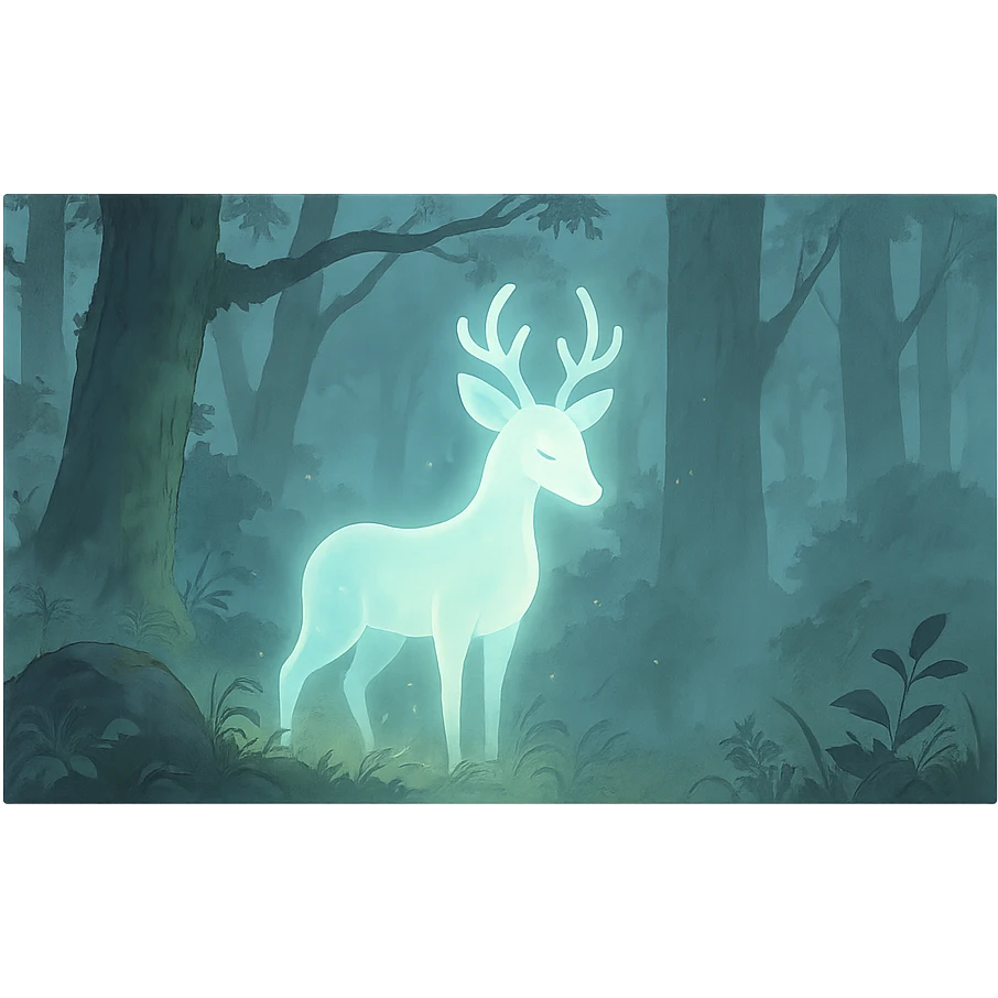 glowing animal-like forest spirit in a misty woodland, ethereal and gentle, ghibli style emoji