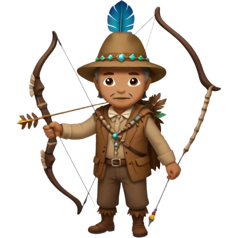The classic image of a middle-aged uncle hunter carrying a bow, dressed in brown clothes, with some ornaments made of feathers, bones or teeth on his body. emoji