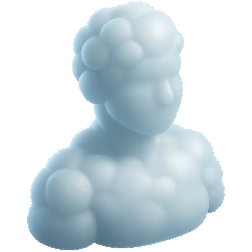 person made entirely of white fluffy convex clouds, shoulders up, front view, matte glass style emoji