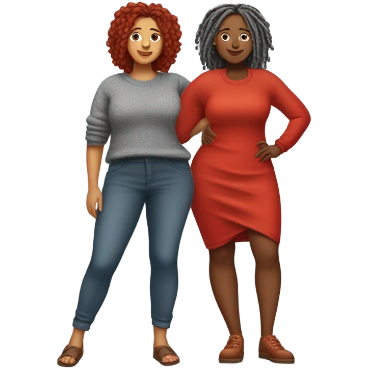 Curvy woman with gray locs wearing pants , other curvy woman is brown with red locs in a knee-length dress with a cozy sweater shopping emoji