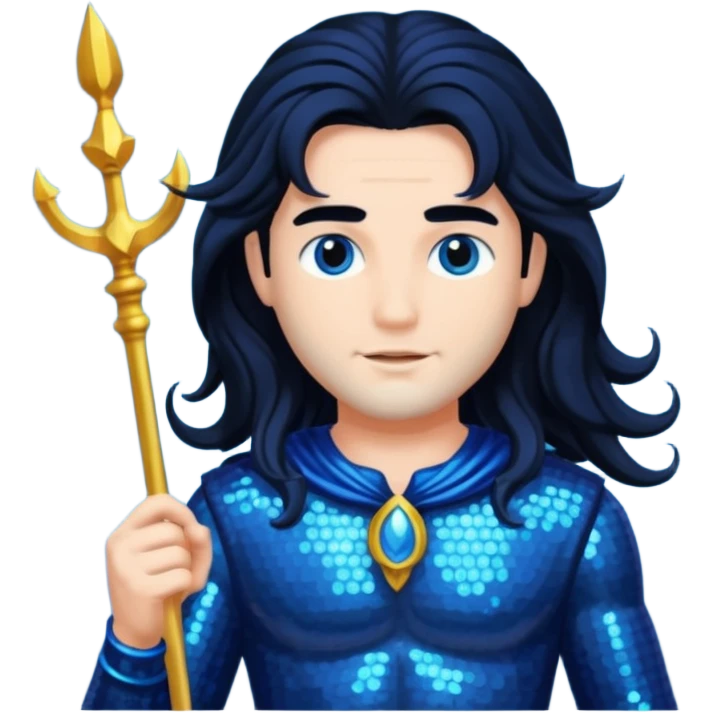Neptune, God of Sea from Gods and Goddesses with long jet black hair, dark blue sequin outfit emoji