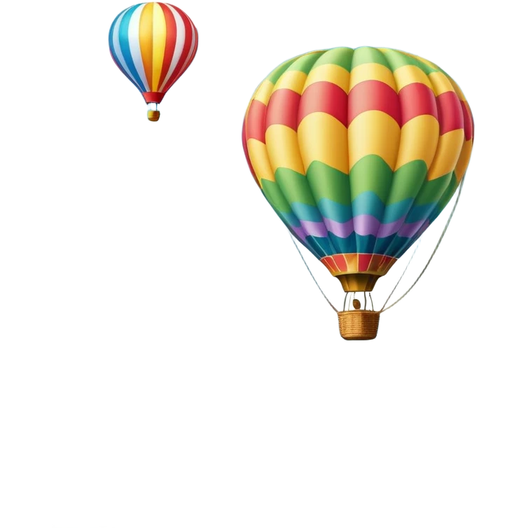 A colorful hot air balloon floating gracefully above the ground, with a clear sky and distant hills in the background. The balloon's vibrant colors stand out against the soft clouds, capturing the peaceful yet adventurous spirit of hot air ballooning. emoji