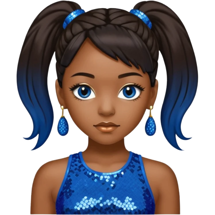 Left Eye from TLC with long dark brown ponytail hair, blue sequin crop top and pants emoji