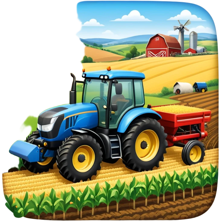 An icon representing a farming simulator, with a detailed tractor plowing fields under a bright sky with rural landscape. The design includes farming tools, crops and barns, symbolizing the immersive experience of managing a farm. Transparent background. emoji