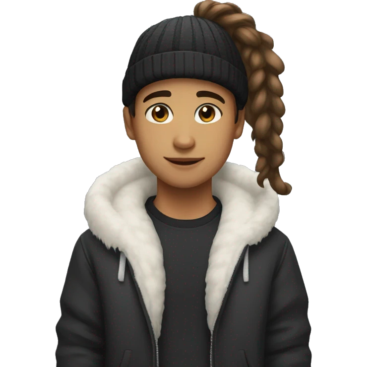 Mixed race boy with ponytail wearing beanie and wearing a black jacket with a white fur trim with hazel eyes emoji