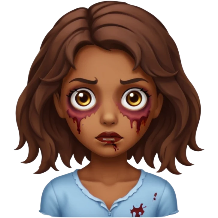 Garota zumbi com cabelos castanhos ondulados médio, olhos castanhos grandes e cílios longos  emoji