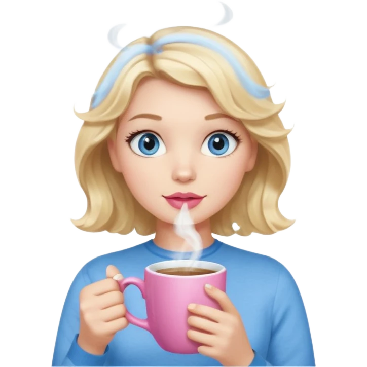 Girl Blonde short wavy hair,  blue eyes, cute blue top, long lashes, pink lips, holding hot white coffee mug emoji