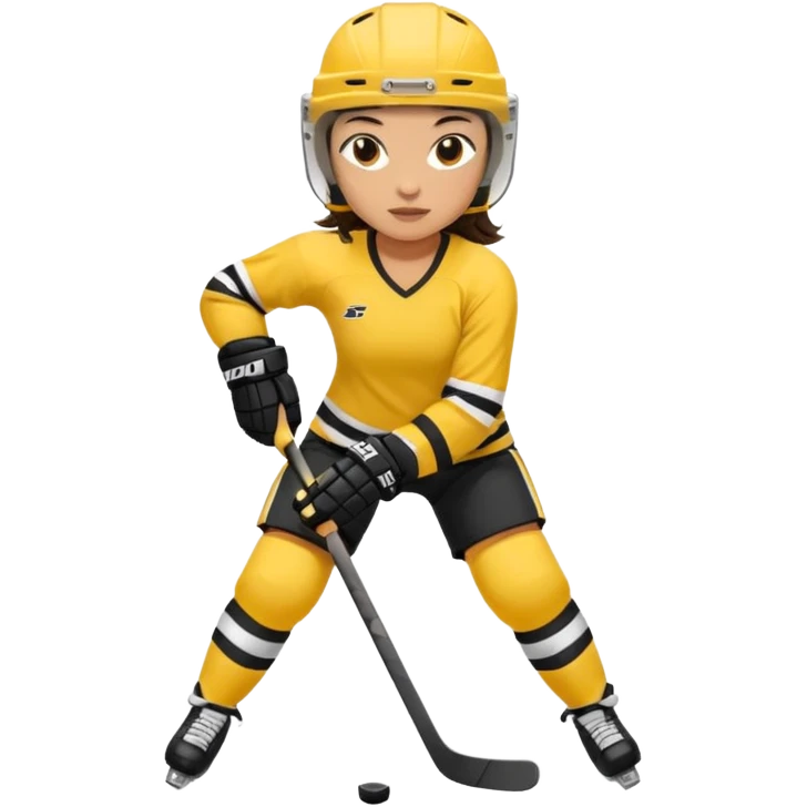 Girl hockey player with yellow and black jersey full body brunette with helmet emoji