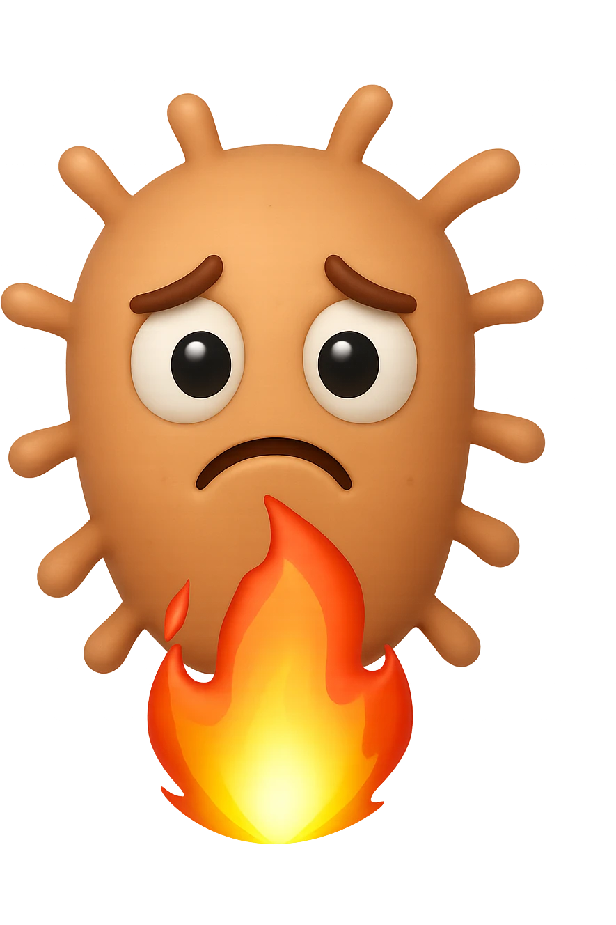 EMOJI STILE IPHONE 3D DI BATTERI INTESTINALI 3D CON ESPRESSIONE TRISTE  IN VOLTO MENTRE SOTTO DI LORO BRUCIA UNA FIAMMA, FAGLI ANCHE LA PARTE BIANCA DEGLI OCCHI, NON SOLO LA PUPILLA emoji
