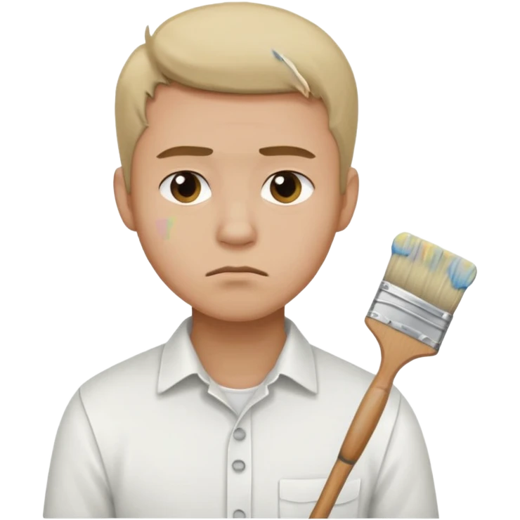 a man in a white buttoned holding a brush with a sad expression emoji