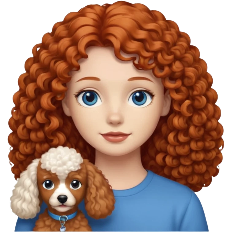 A red head with long hair blue eyes and a light brown poodle dog emoji