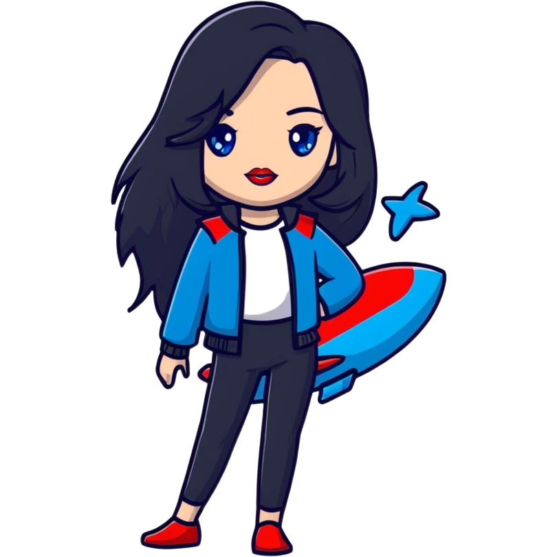 character with long jet black hair, blue eyes, and red lips emoji