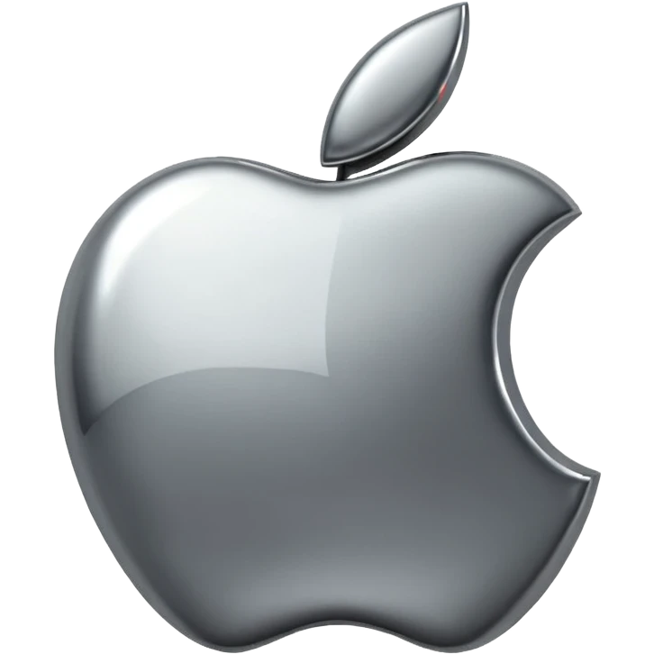 Metallic Apple logo emoji icon, chrome surface, sharp reflections, dark background, centered emoji
