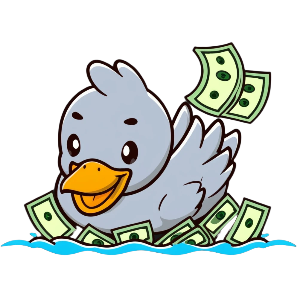 Cartoon duck doing backstroke in a sea of money emoji