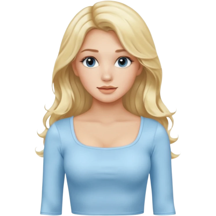 pretty girl blonde soft wavy long hair middle part makeup light baby blue skin tight square neckline long sleeve top emoji