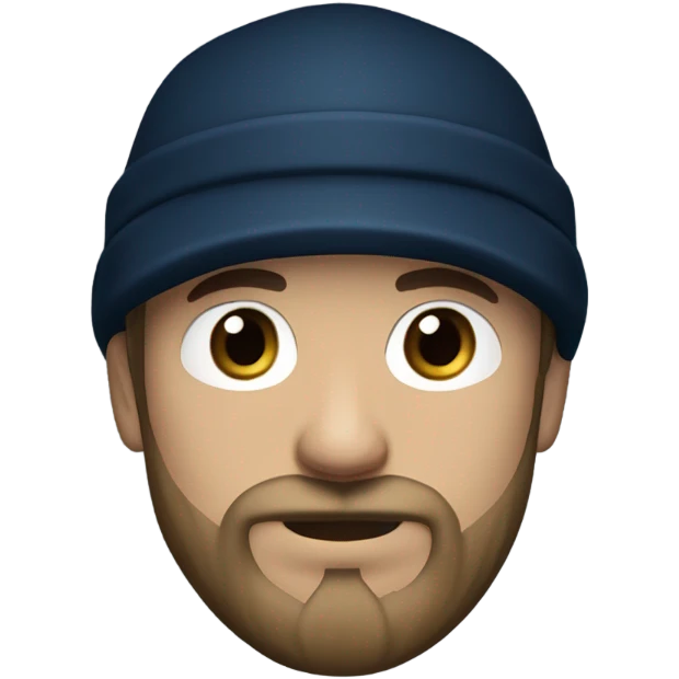 man wearing a black newsboy cap, with a irish styled beard and mustache, and a neutral expression. The man has light skin, blue eyes, dark blue hooded pull over sweater emoji