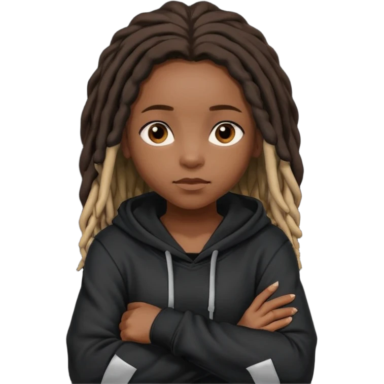 African American dark skin girl with shoulder length dreadlocks wearing a plain black hoodie with her arms folded across her chest emoji