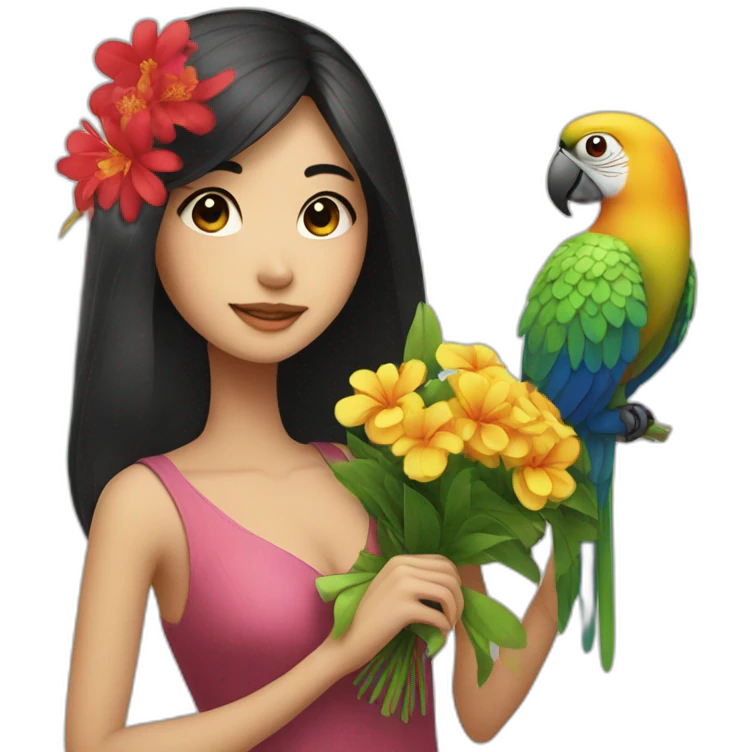 Asian girl with dark hair with a bouquet and parrot  emoji