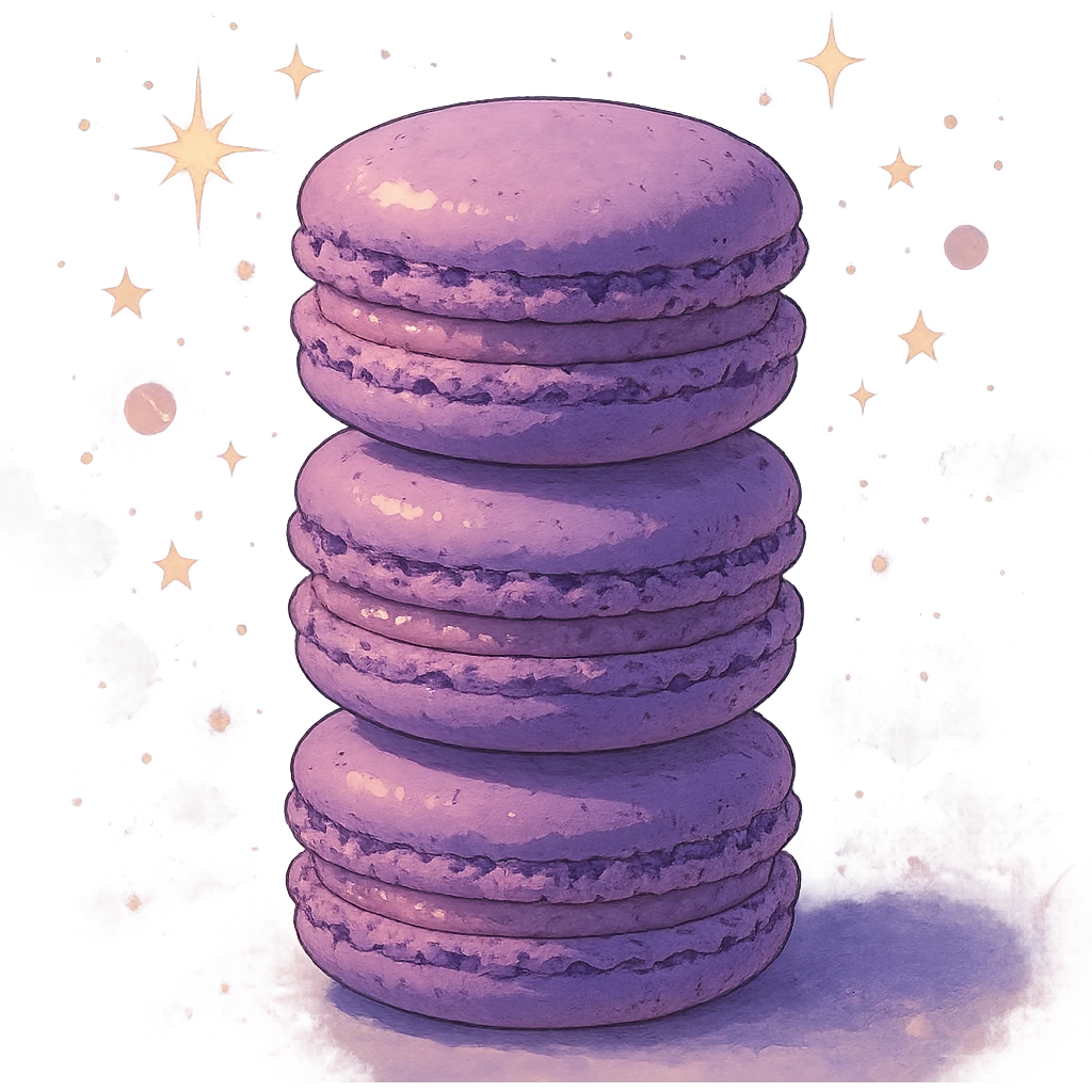 stack of purple macarons, dreamy lighting, whimsical and delicious, ghibli style emoji