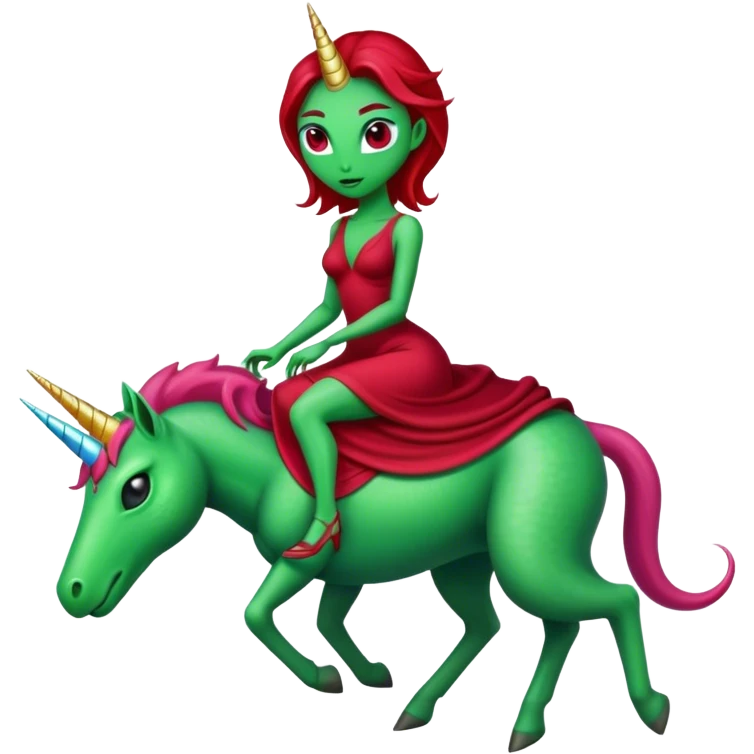 "reptilian green alien woman" in "long slim dark red dress", rides, "unicorn white"
 emoji