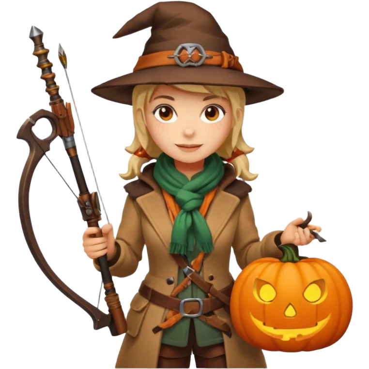 female human monster hunter emoji, wearing brown coat and hat, holding crossbow, soft smile, scarf, glowing pumpkin by her side, Halloween fantasy style, clean vector Apple emoji look, bright colors, white background, square emoji