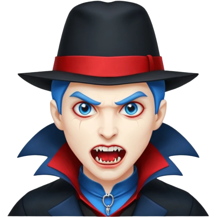 Vampire with blue hat,black coat with read collared ,teeth looks like vampire with aggression on face and full body. emoji
