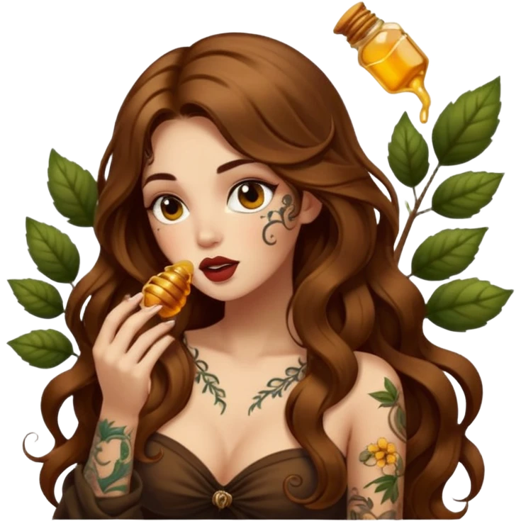 forest mystic woman long wavy brown hair tattoos licking honey from finger flirty emoji