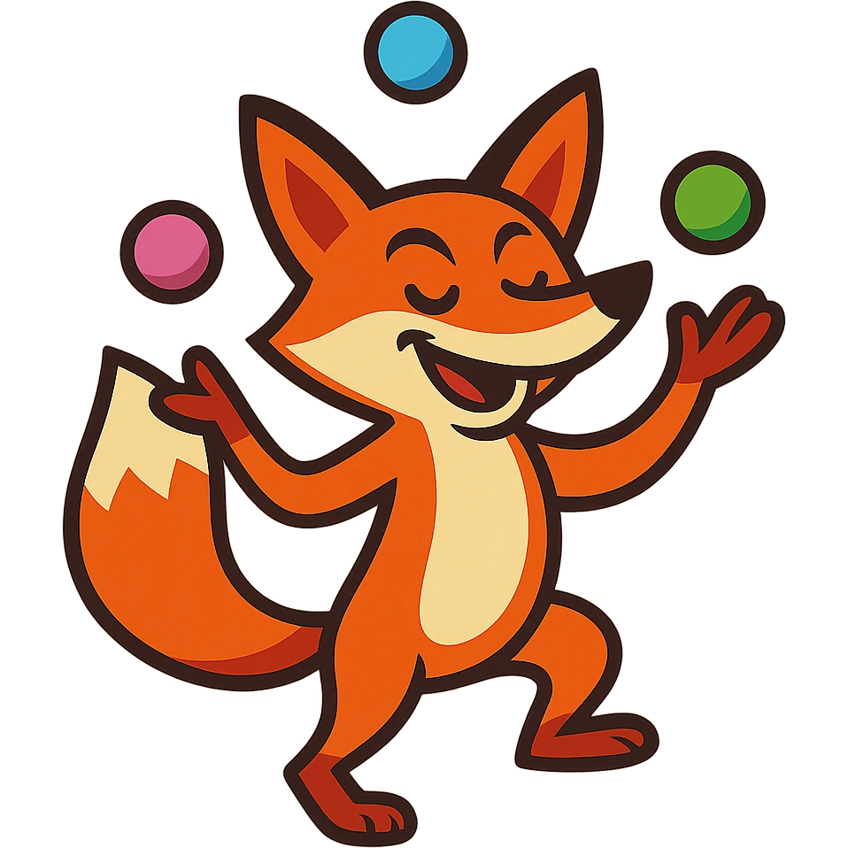 clever fox juggling, vibrant toon style emoji
