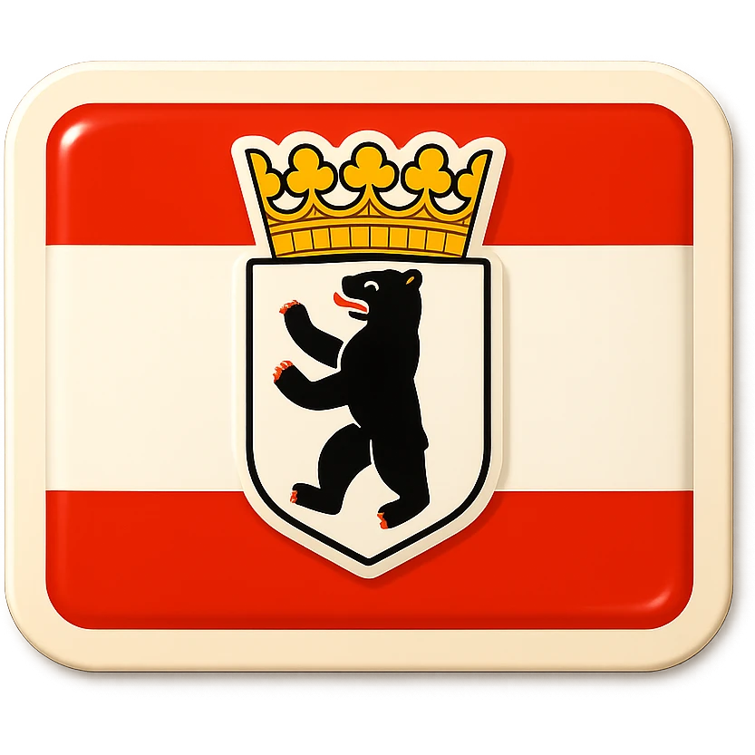 Create an icon for Berlin with a rectangular flag background that is white with red stripes. Center the Berlin coat of arms featuring a bear with a crown. The icon should have no text or label and no word 'Berlin'. The style should be less cartoonish and match the retro stickers style exactly in the same format and proportions as the Brandenburg icon from the provided reference image. emoji