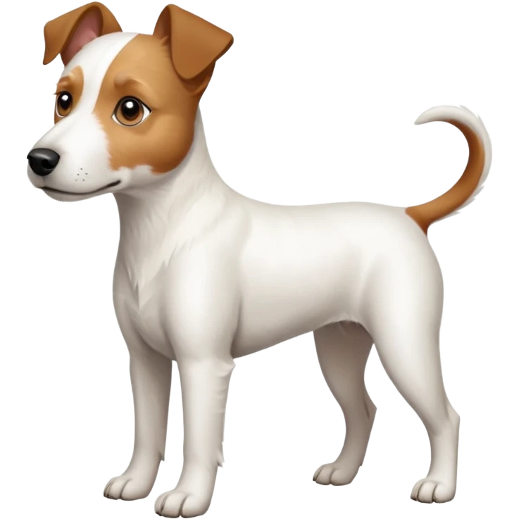 a full body large white parson russell terrier looking dog the size of a kelpie with light brown long ears and a light brown patch on one eye and a large snout emoji