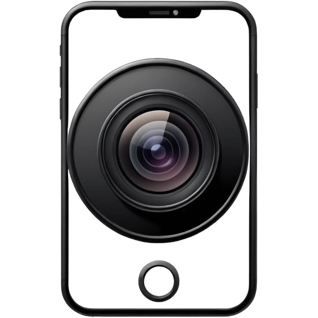 Minimalistic flat vector icon, iOS style, thin black contour on white background. Smartphone with a camera lens symbol. No text, no shadows.
 emoji