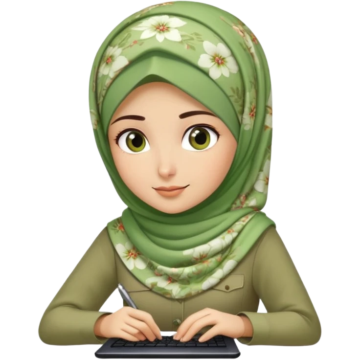 Turkish beautiful finish Konya girl green khaki hijab and light green floral dress and she work on office emoji