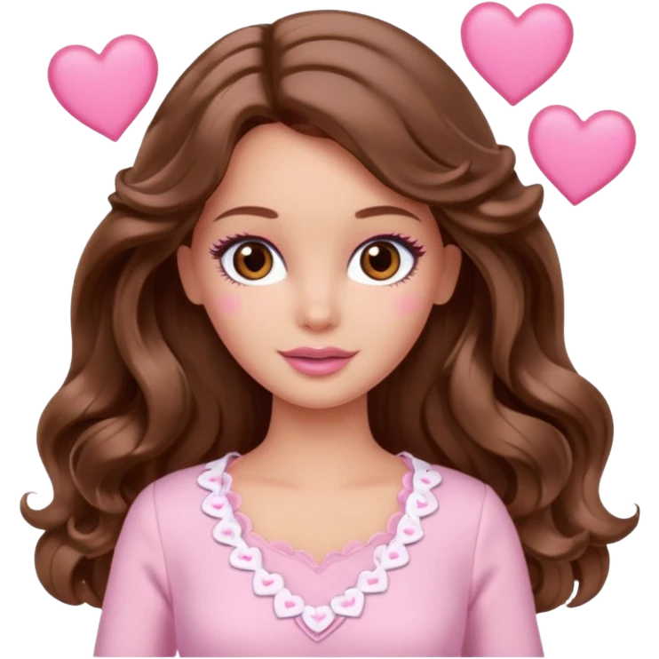 Barbie girl brown long straight wavy hair and brown eyes is In pale pink clothes There are pink hearts all around emoji