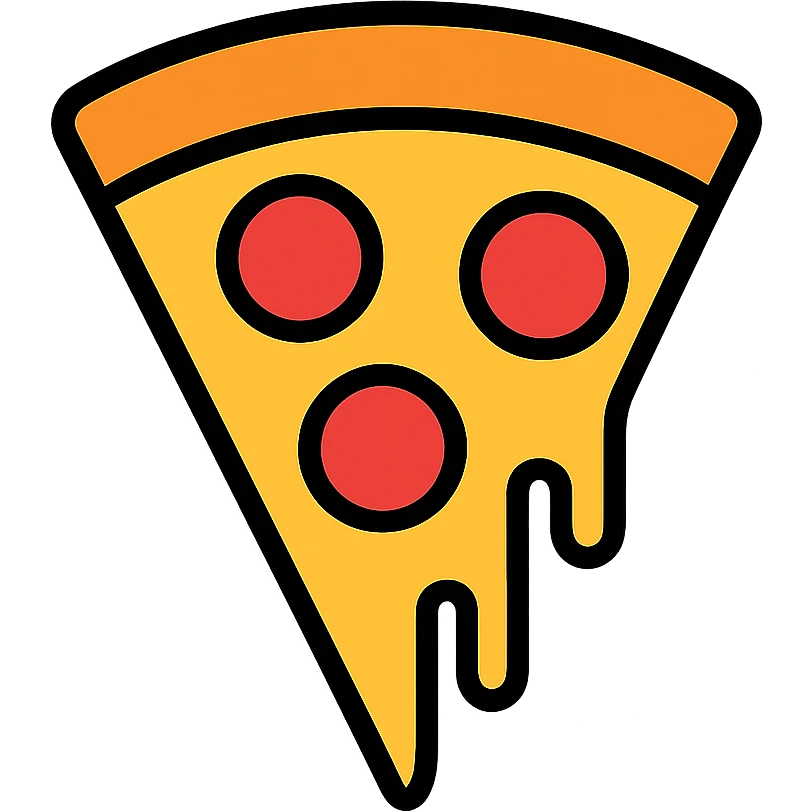A colorful triangular pizza slice with melted cheese and pepperoni toppings emoji