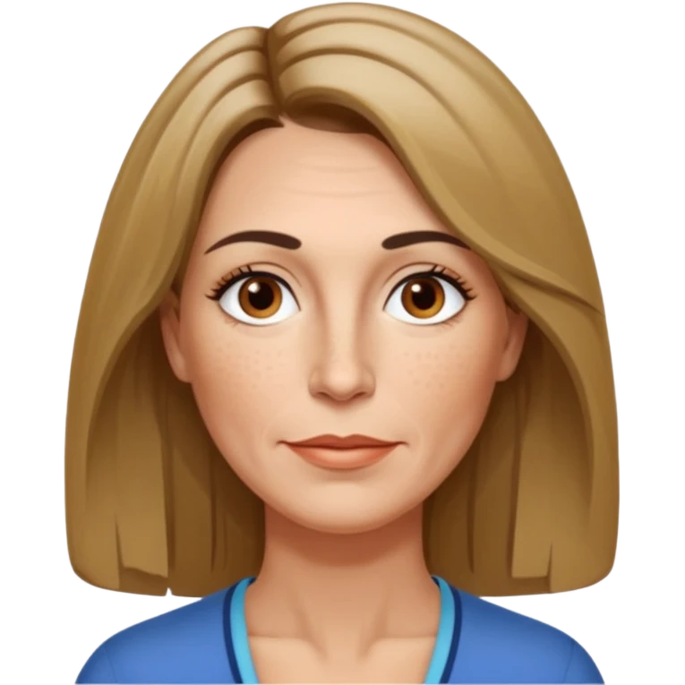 50 year old Caucasian woman with shoulder length brown hair and blond highlights and no bangs. Brown eyes with thin, black eyebrows. Medium size nose with a couple of freckles. Thin lips and slender shoulders. emoji